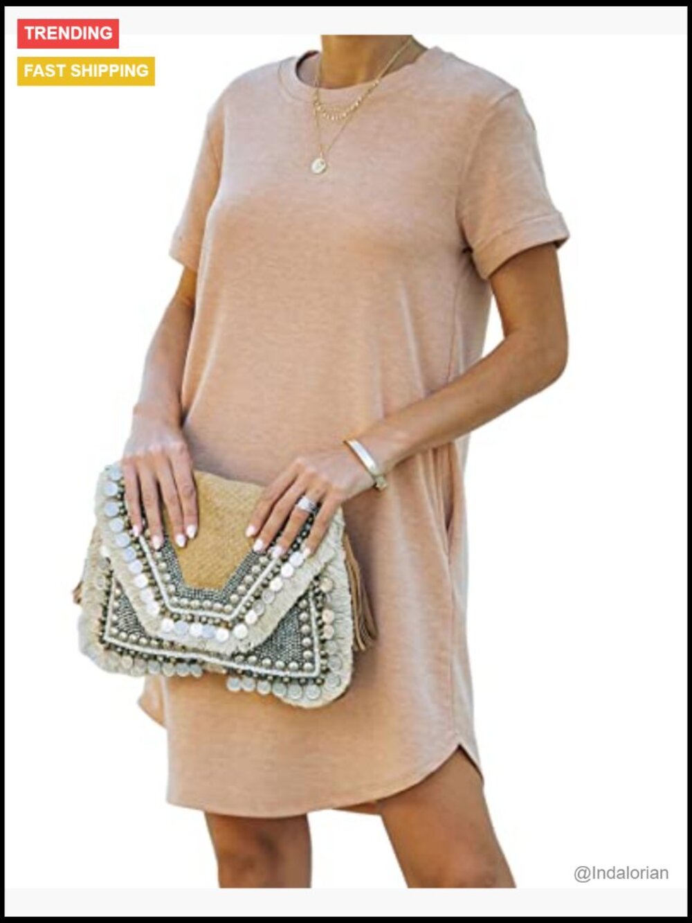Cotton Blend Short Sleeve T Shirt Dress with Pockets Loose Fit - Picture 3 of 4